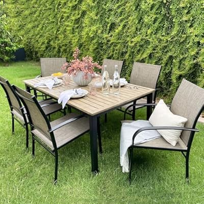 MIXPATIO Patio Table and Chairs Set, Patio Dining Set for 6 with Chairs and Wood-Like Rectangle Steel Table for Deck Backyard Lawn Poolside Brown