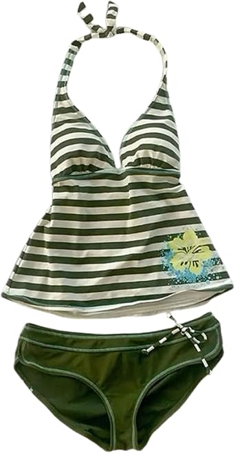 Y2k Sexy Floral Print Halter Neck Swimsuit Set Summer 2 Piece Stripe Beach Bikini Set 2000s Aesthetic Streetwear