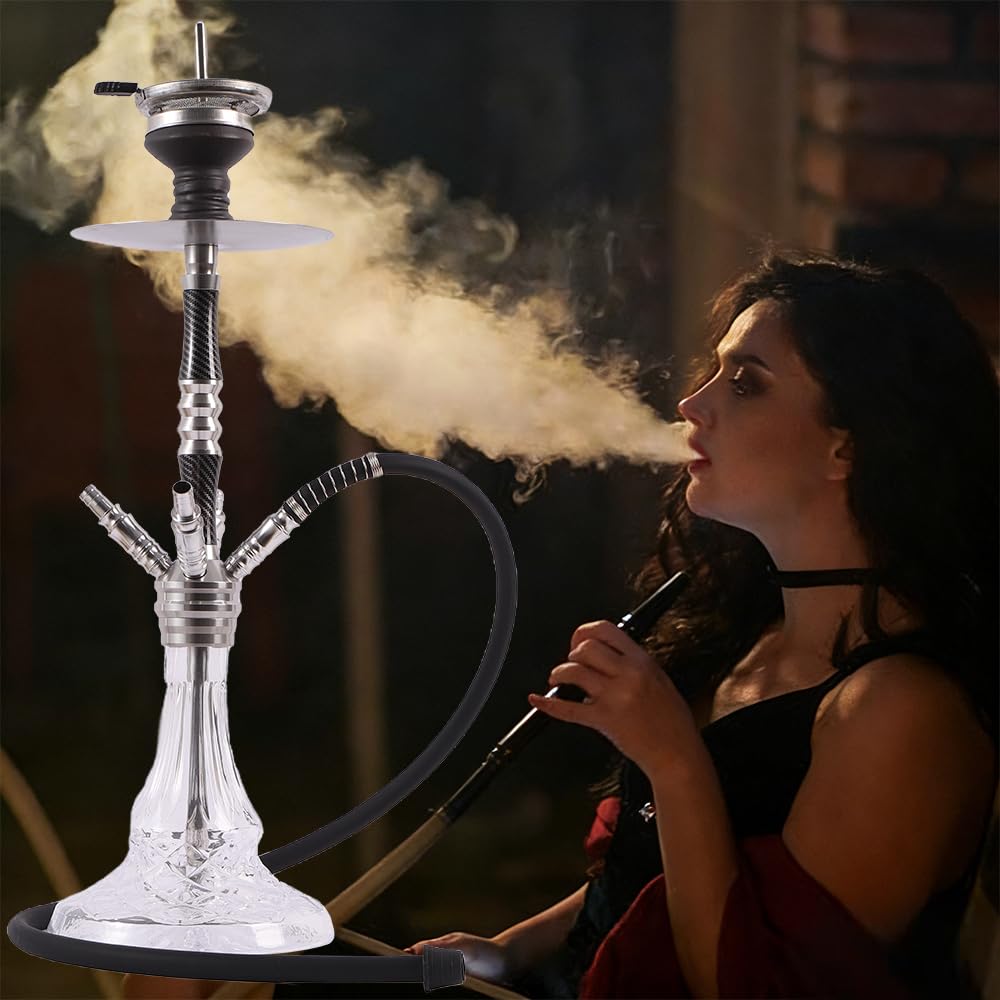 RMAN® Shisha Set Aluminium 66cm Wasserpfeife Komplett 4 Anschlüssen mit Premium Zubehör incl. 3 Shisha Schlauch, Tauchrohr, Kaminkopf, Diffusor, Bowl - Silber
