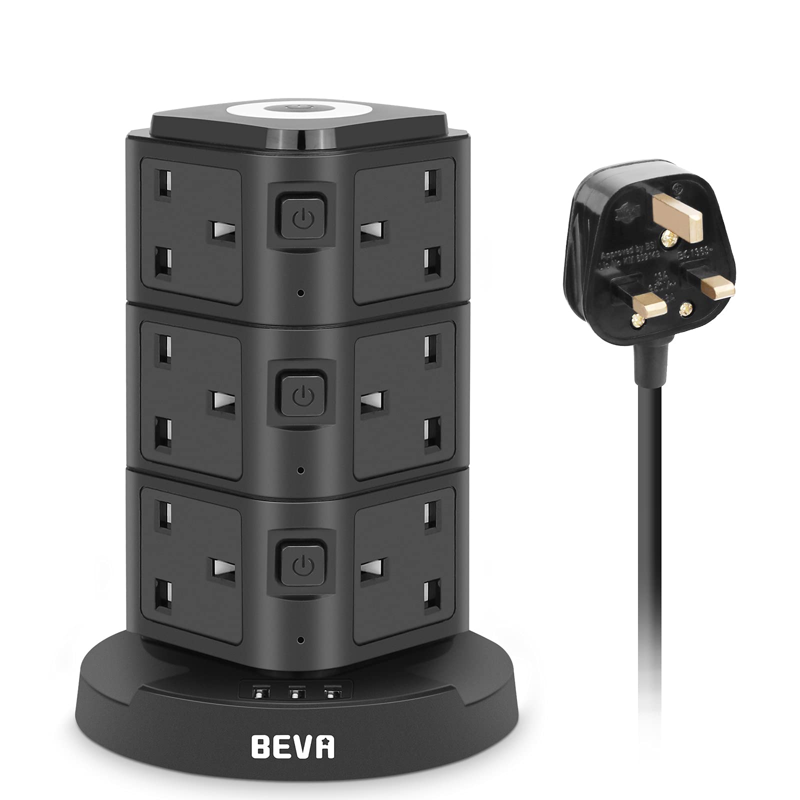 5M Extension Lead with USB Slots, BEVA 12 Way Tower Power Strip with 3 Smart USB Charger, UK Multi Plug Extension Socket with Night Light, Switched Extension Tower for Home Office-Black