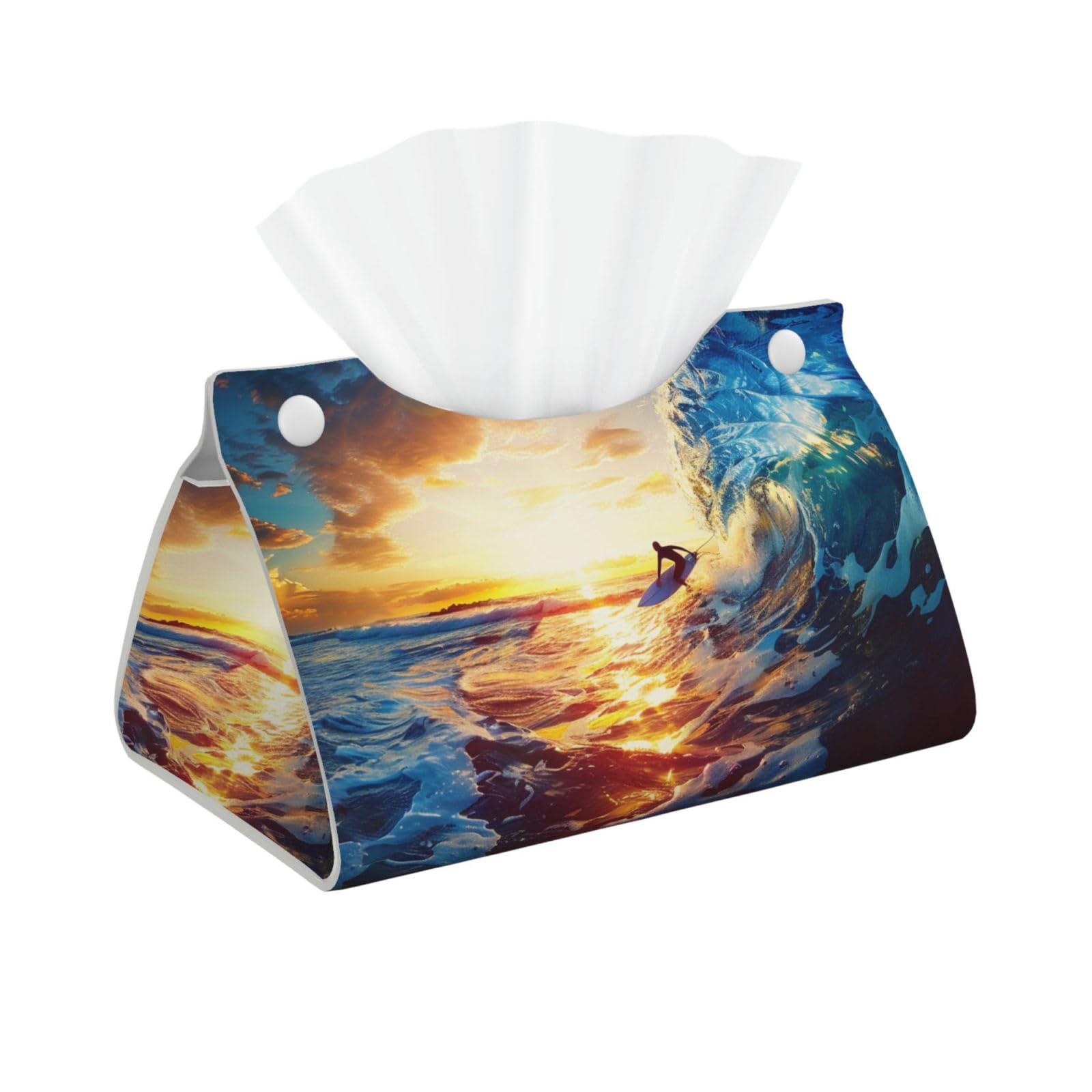 Sunset Sea Surfing Seascape Print Tissue Box Cover Foldable Tissue Storage Box Leather Tissue Cube Box Holder for Living Room Bedroom Office Car Home Decor