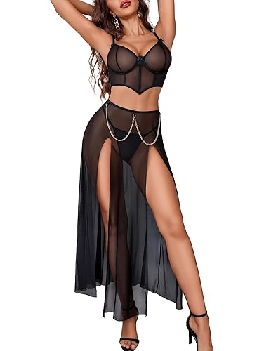 Avidlove Women Lingerie Babydoll Chemise 3 Piece Set Mesh Side Split Nightgown