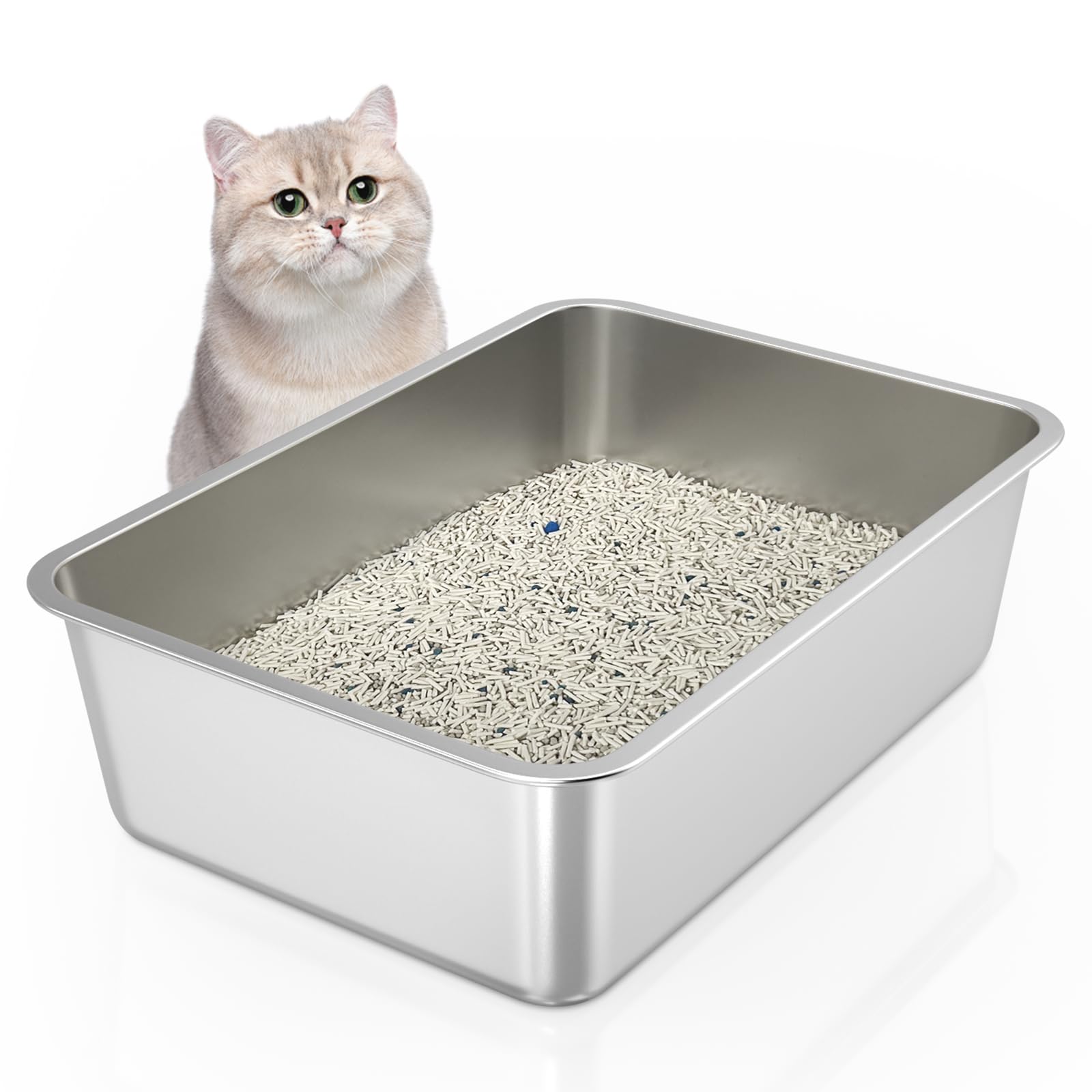 WENBOKMIN Bandeja Sanitaria de Acero Inoxidable para Gatos,50 x 35 x 15 cm | La bandeja sanitaria metálica para gatos tiene una superficie lisa y antiadherente, es fácil de limpiar y de uso duradero.