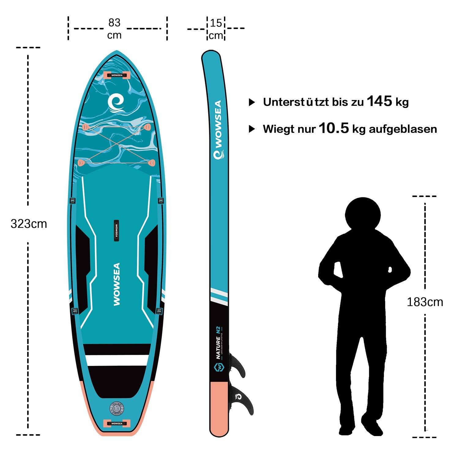 WOWSEA aufblasbare PaddleBoards, 3400 g Schwerer Dropstitch-Kern, rutschfestes Eva-Deck