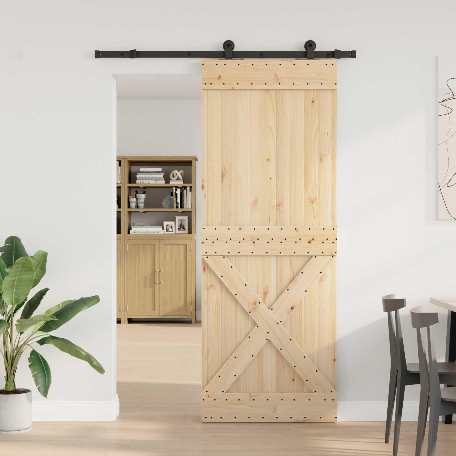 Puerta corredera Narvik natural y negra 85 x 210 cm | Madera de pino maciza, guía de acero, mecanismo superior, diseño que ahorra espacio, 27,76 kg
