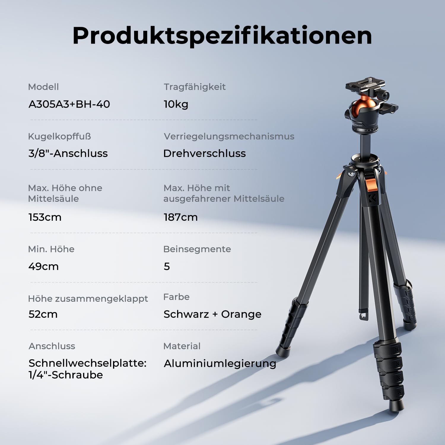 K&F CONCEPT Kamera Stativ Handy Stativ,187cm Kamerastativ, Tripod für Smartphone mit Handy Tablet Halterung, Aluminium Reisestativ A305A1+BH-40