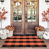 Orange and Black Plaid Rug, 28'' x 43'' Fall Outdoor Front Door Decor Mat, Cotton Washable Hand-Woven Rug for Layered Doormat, Autumn Halloween Thanksgiving Carpet for Porch, Entryway