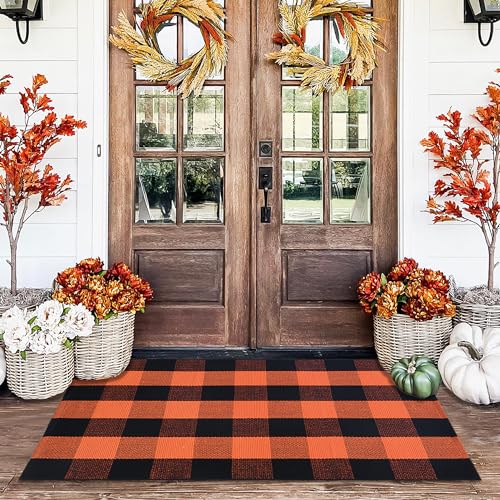Orange and Black Plaid Rug 28 x 43 Fall Outdoor Front Door Decor Mat Cotton Washable Hand-Woven Rug for Layered Doormat Autumn Halloween Thanksgiving Carpet for Porch Entryway