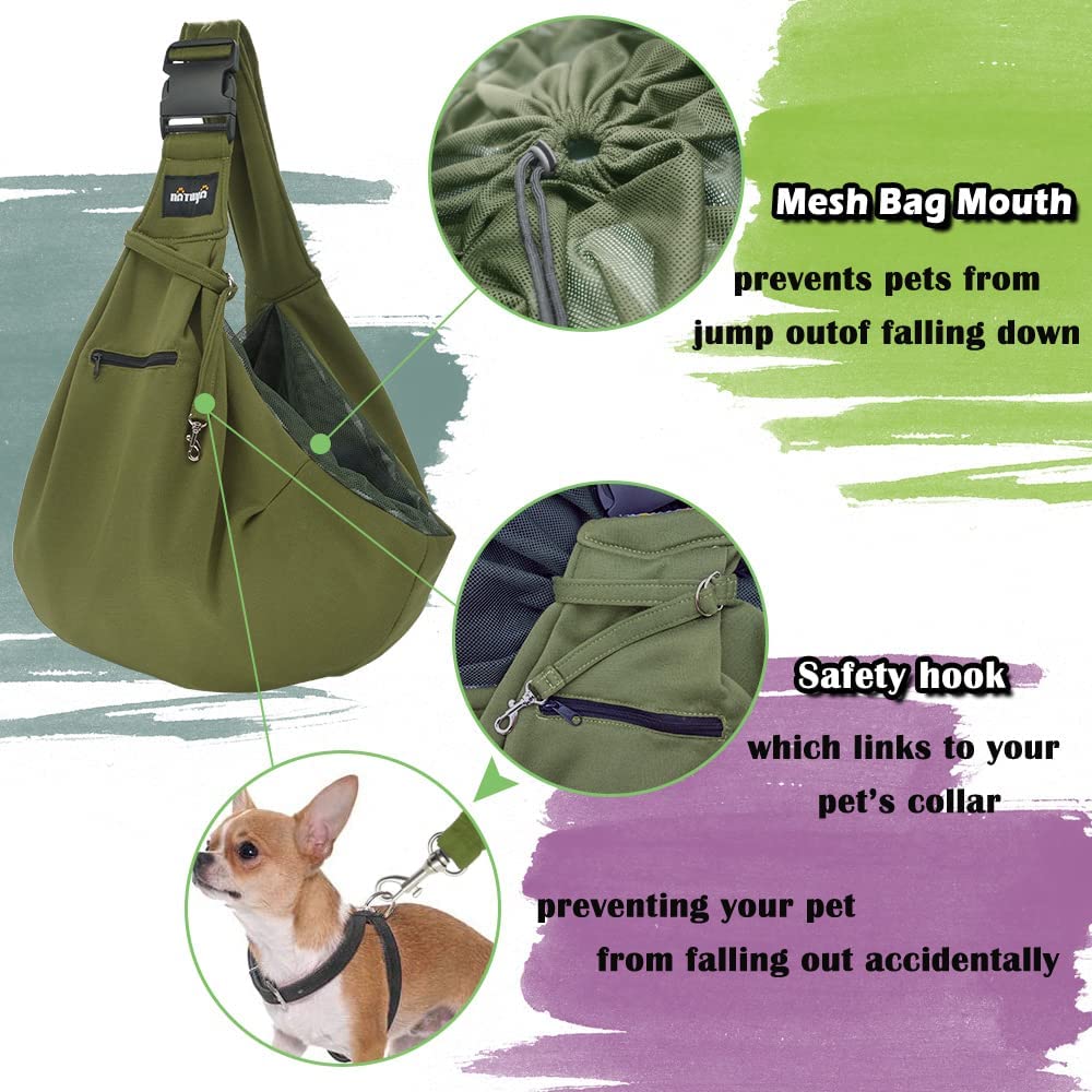 NATUYA Transportador de perro con bolsa de red para transportar perros, gatos, bolsa para mascotas manos libres, bolsillo de red con hebilla (verde)