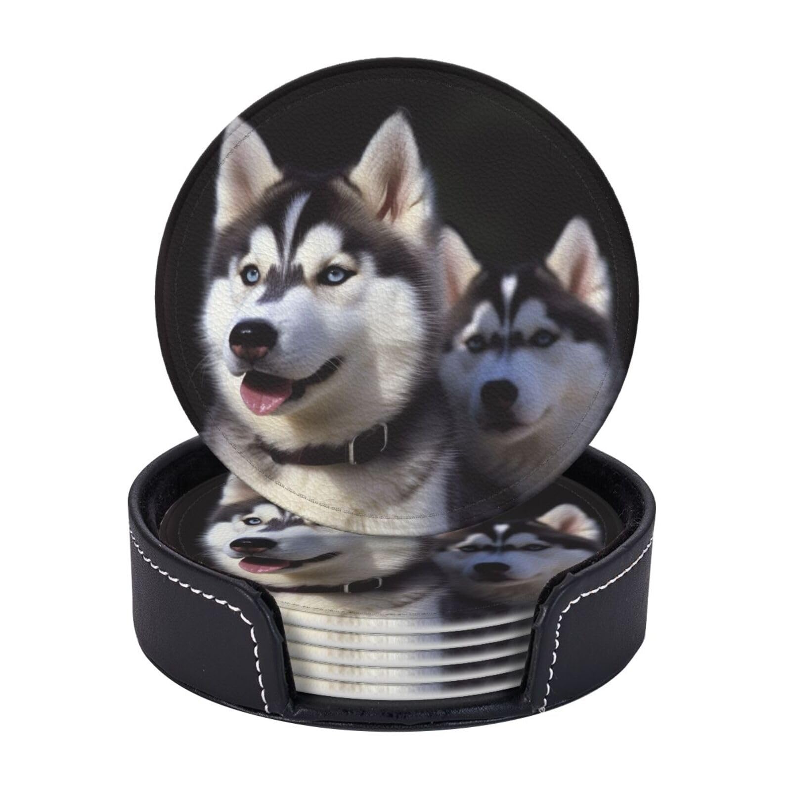 6PCS Drink Coasters with Holder, 4" Leather Coasters for Drinks, Husky Dog Cup Coasters for Coffee Table Decor, Non-Slip Drinking Cup Mat for Hot or Cold Drink
