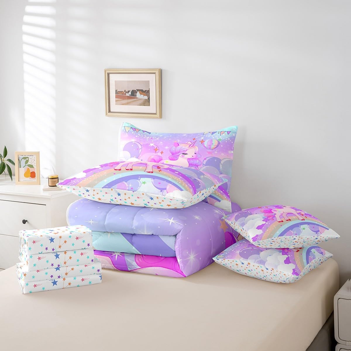 Feelyou Unicorn Girls Bed in a Bag Queen Size Kawaii Cute Rainbow Unicorn Comforter Set with Sheets Cartoon Stars 7 Piece Bedding Set Kids Children Purple Unicorn Animal Room Decor 2 Pillowcases