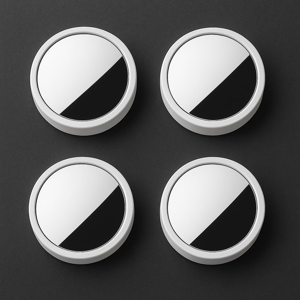 FLAVION HD Glass Blind Spot Mirror Round 360° Side view Blindspot with Frame, Self-Adhesive for unniversal car Fit with Adjustable Angle, Easy Installation for Cars, SUVs,Trucks (WHITE, PACK OF 4)