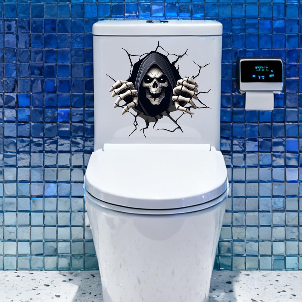 3D Halloween Skeleton Sticker for Toilet Lid, Spooky Ghost Toilet Seat Cover Decal, Waterproof Vinyl Scary Toilet Lid Wrap Decal Gothic Horror Bathroom Decor，Style B