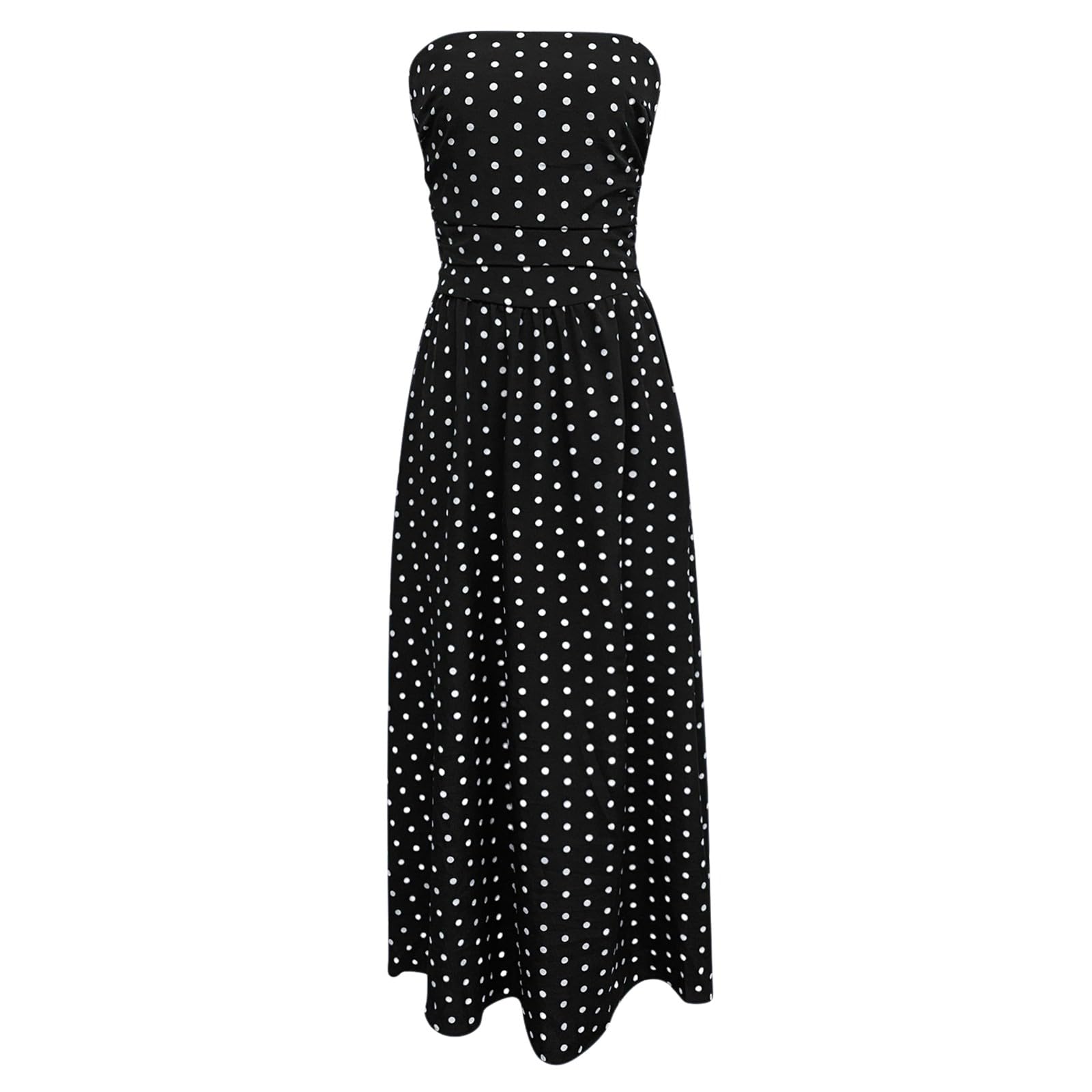Generisch Abito estivo da donna per il tempo libero, elegante, maxi abito con pois, scollo a spalle scoperte, gonna a gradini fluente, schiena increspata