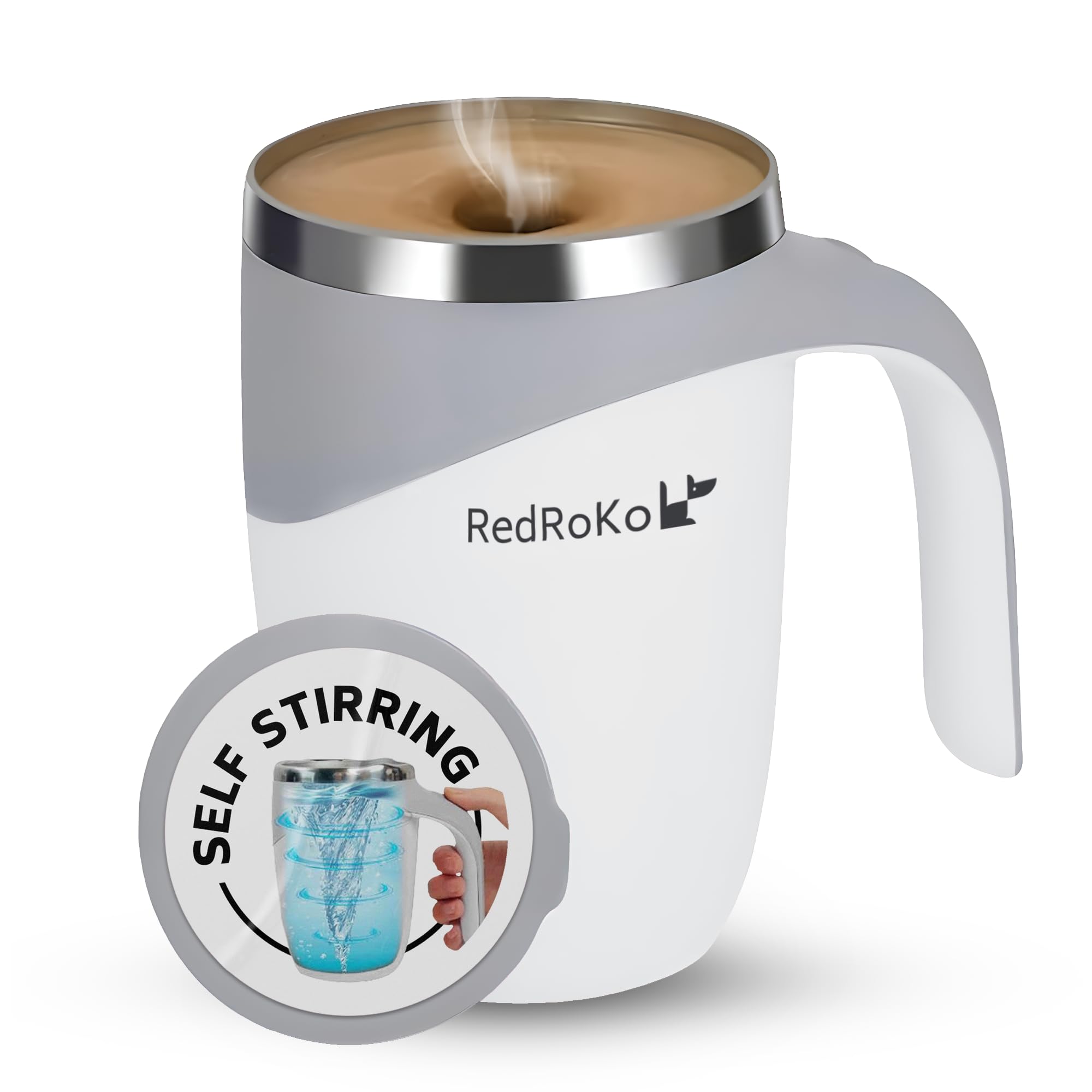 Self Stirring Mug with Lid - Automatic Magnetic Spinning Cup for Coffee, Tea, Milk - Insulated Electric Whisking & Auto Mixing Stirrer - Portable Travel Cup Mixer for Home, Office - Grey