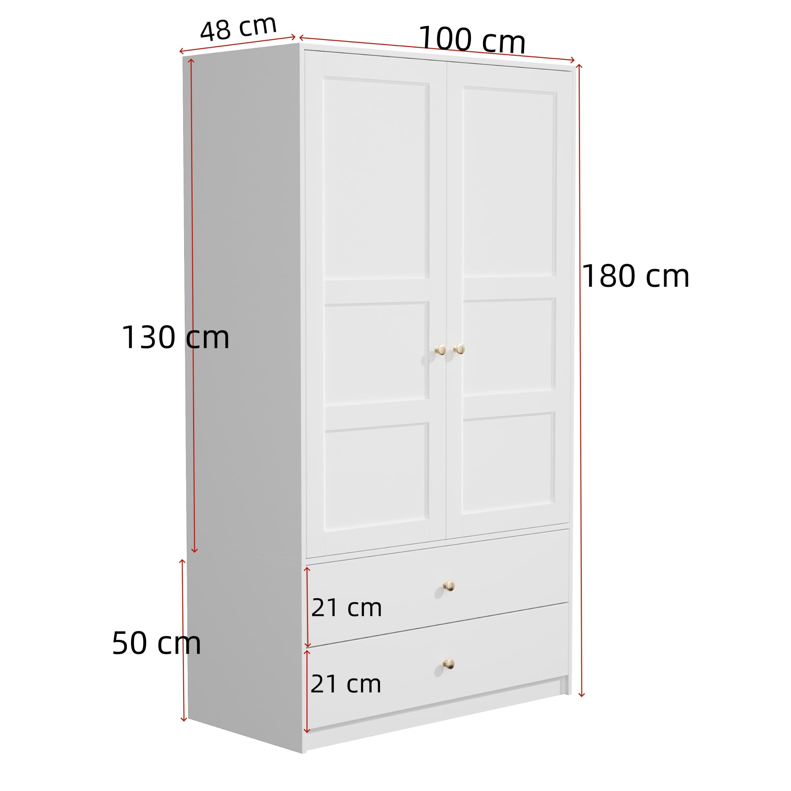 Kebnor Armario de 2 puertas con 2 cajones y barra para colgar ropa, muebles de dormitorio, armario con barra para colgar, 100 x 48 x 180 cm, color blanco