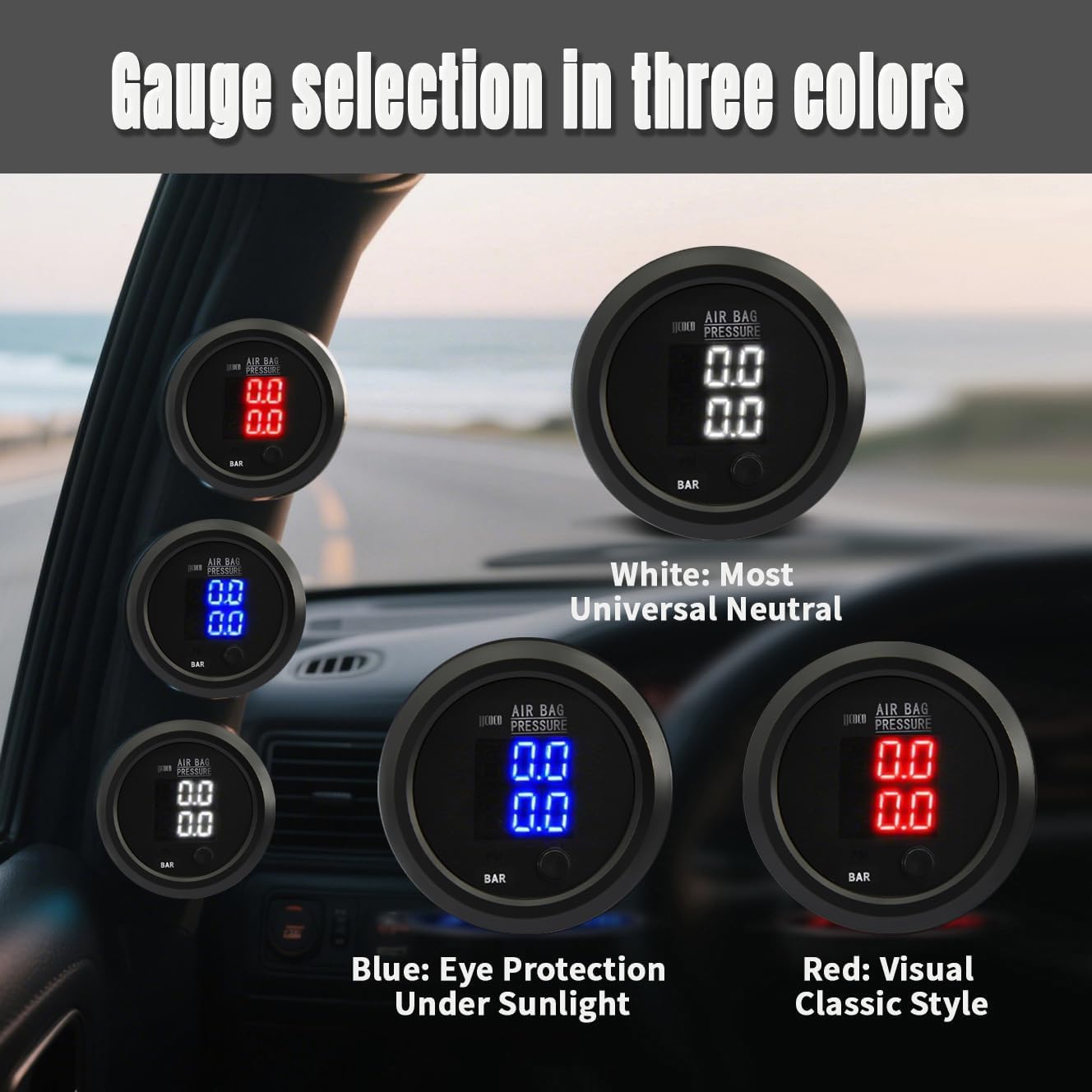 12V Air Management Featuring 2-Valve Air Ride Suspension Manifold, Simplify Control Panel and Ship Type Switch and Two-Way Blue Display Air Pressure Gauges