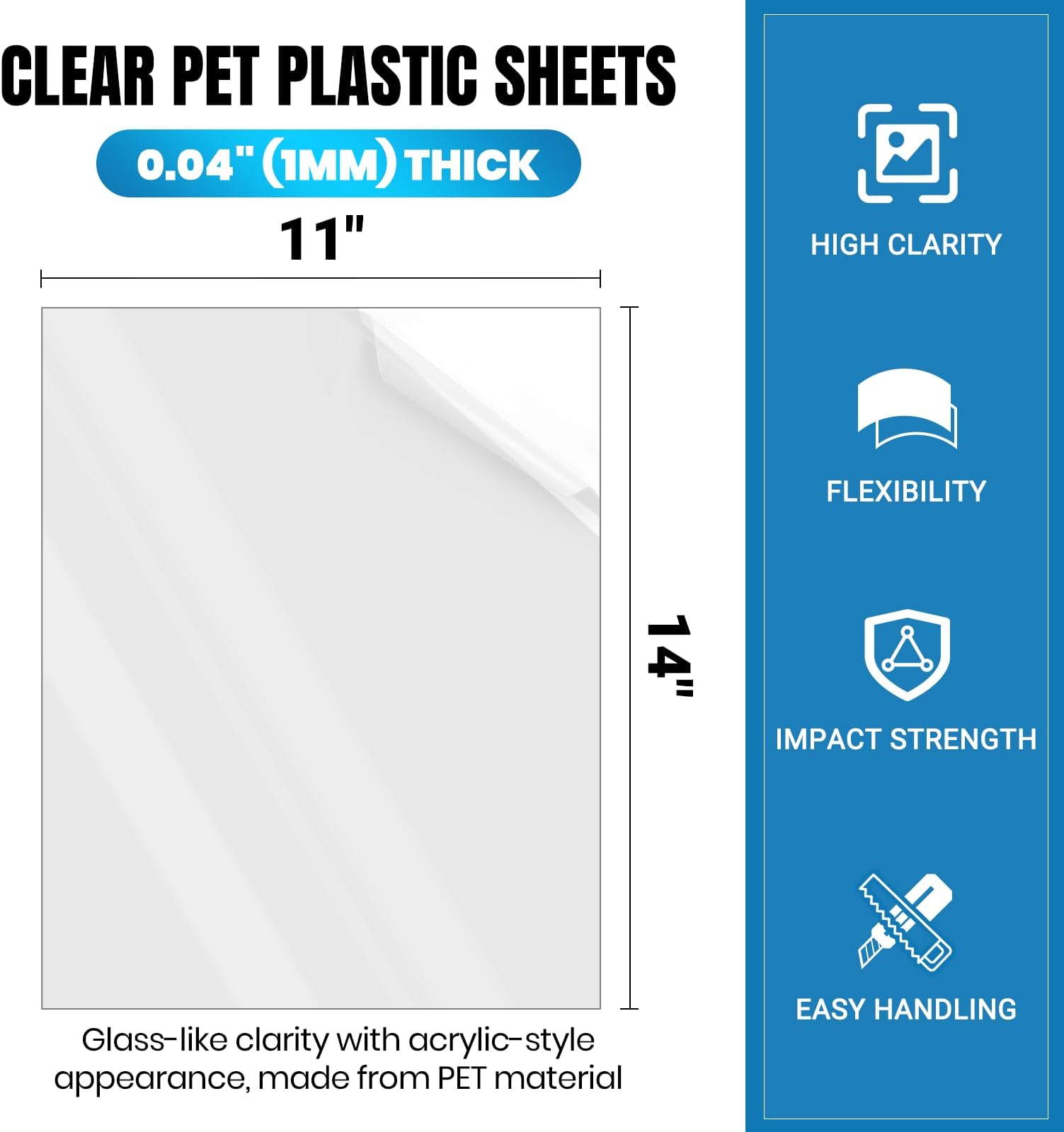 (10 Pack) PET Sheet Panels - 11" x 14" x 0.04" Clear Acrylic Sheet-Quality Shatterproof, Lightweight, and Affordable Glass Alternative Perfect for Poster Frames, Counter Barriers, and Pet Barriers