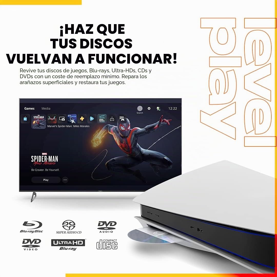 Levelplay Kit Removedor de Rayones para Discos - Repara y Pule Daños en CD, DVD y Blu-Ray, Ayuda a Solucionar Saltos de Audio/Video y Congelamiento en Juegos, Incluye Paño de Microfibra - Botella 50ml