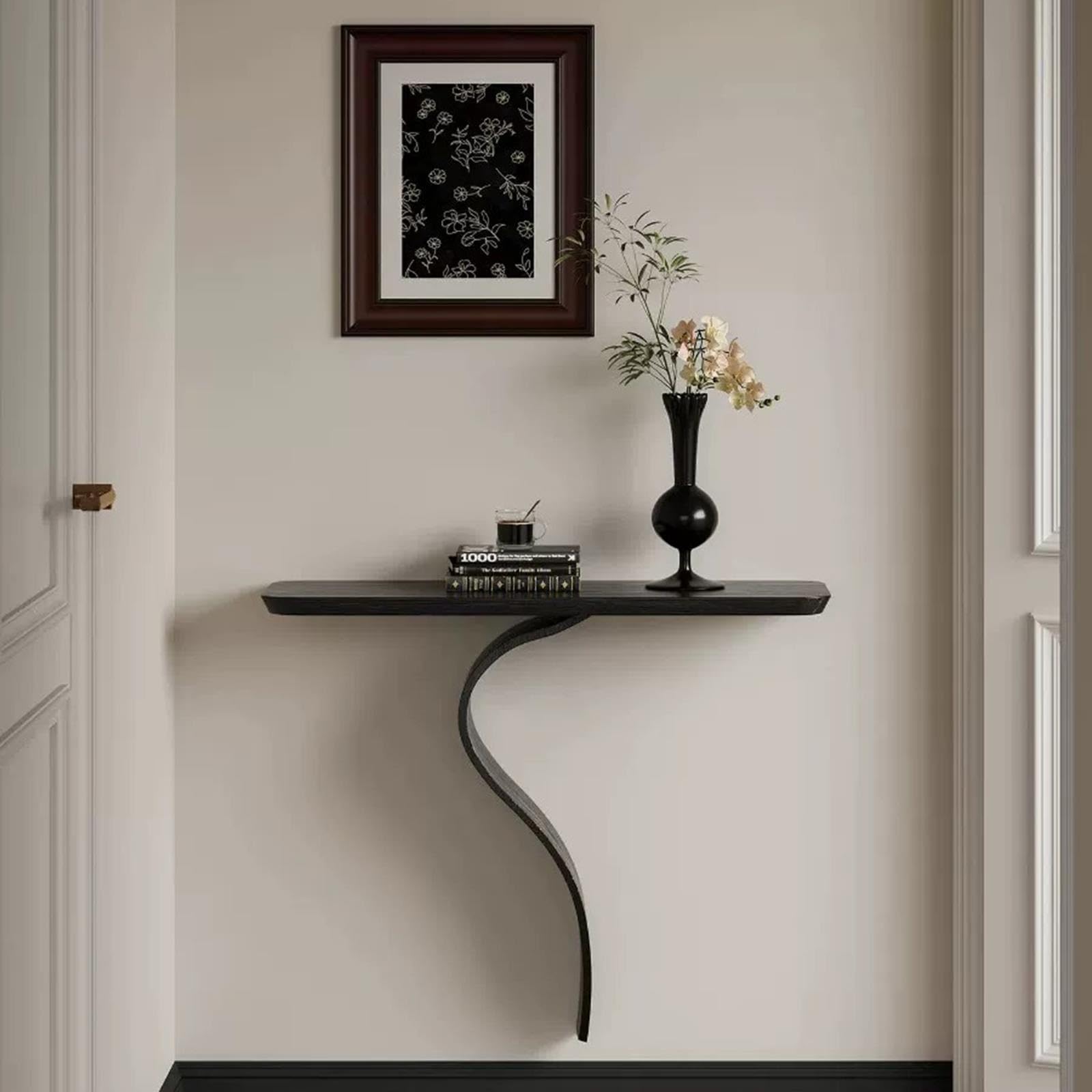 Console Murale, Table d’Entrée Flottante en Bois Massif, Courbe en S