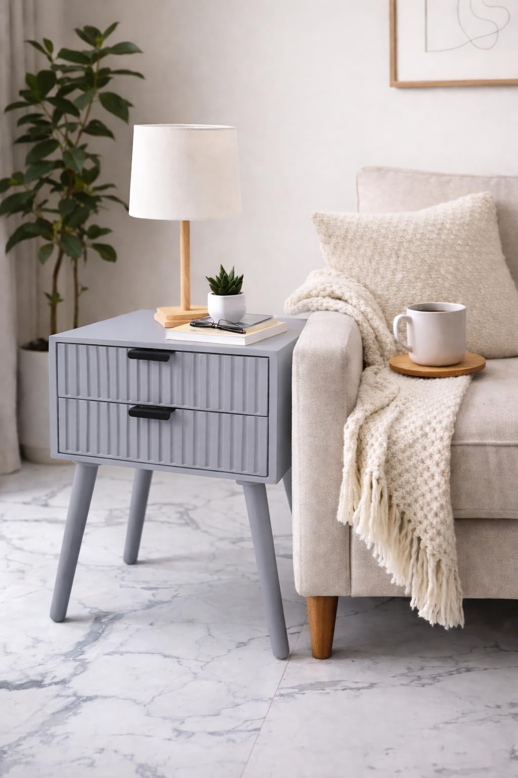 Brown Art SHOPPEE Wooden Bedside Table for Bedroom | Line Design Bed Side Nightstand Lamp Table with 2 Drawers for Home | Side Table for Living Room | Premium Engineered Wood & Wood Legs (Grey)-image-36