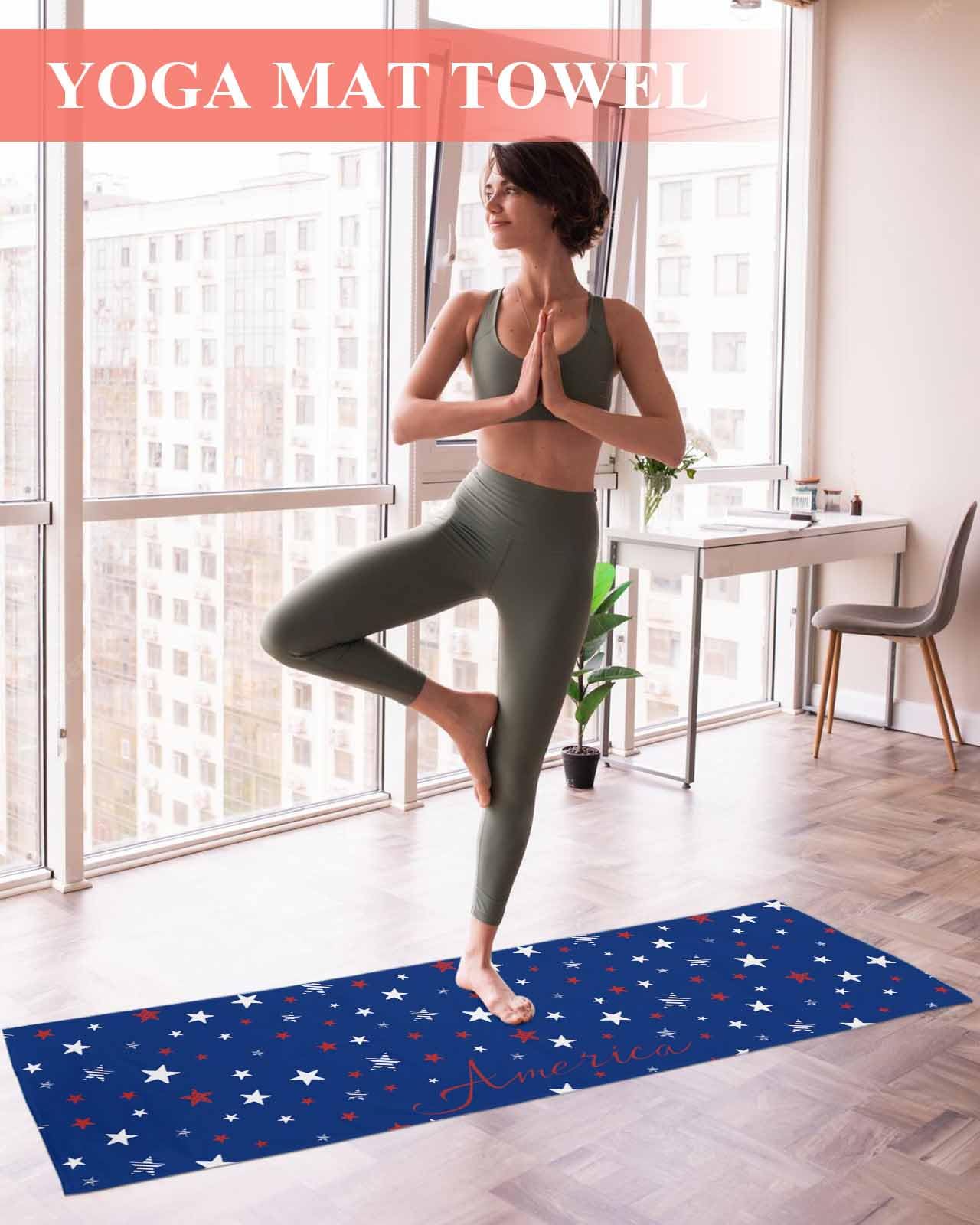 BOSIJOY Yoga Mat Towel,Independence Day Patriotic Star Non Slip Sweat Absorbent Hot Yoga Towels with Corner Pockets,Red White Pentagram on Blue Soft Microfiber Towel for Pilates Bikram 70