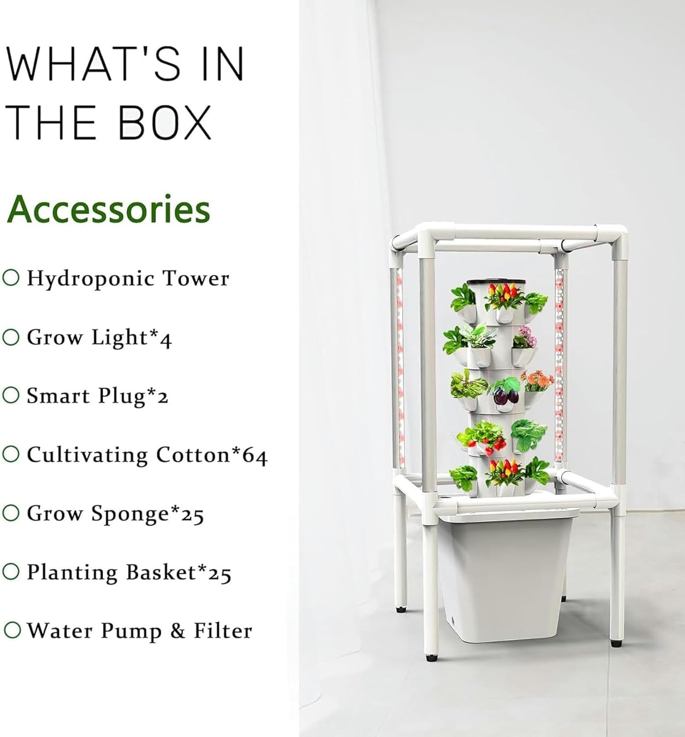 AMNOOL Smart Garden Planter Garden Hydroponics Growing System 30 Pods Plant Germination Kit Hydroponics Tower with LED Grow Light, Aeroponics Growing Kit with Hydrating Pump, Adapter, Net Pots, Timer