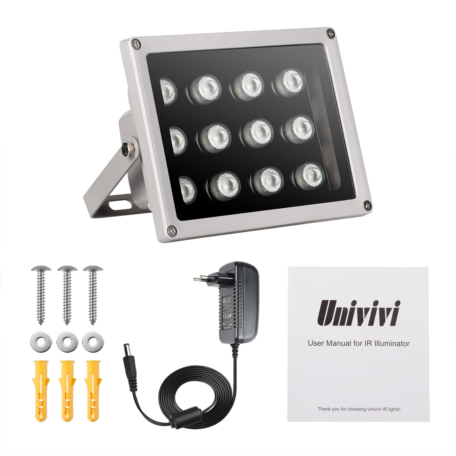 Univivi IR Strahler, 12 LEDs Weitwinkel-IR Scheinwerfer für Nachtsicht, 850nm Wasserdichtes LED-Infrarot Licht mit 12V DC-Netzteil für IP-Kamera, CCTV-Überwachungskamera für Innen-und Außenbereich