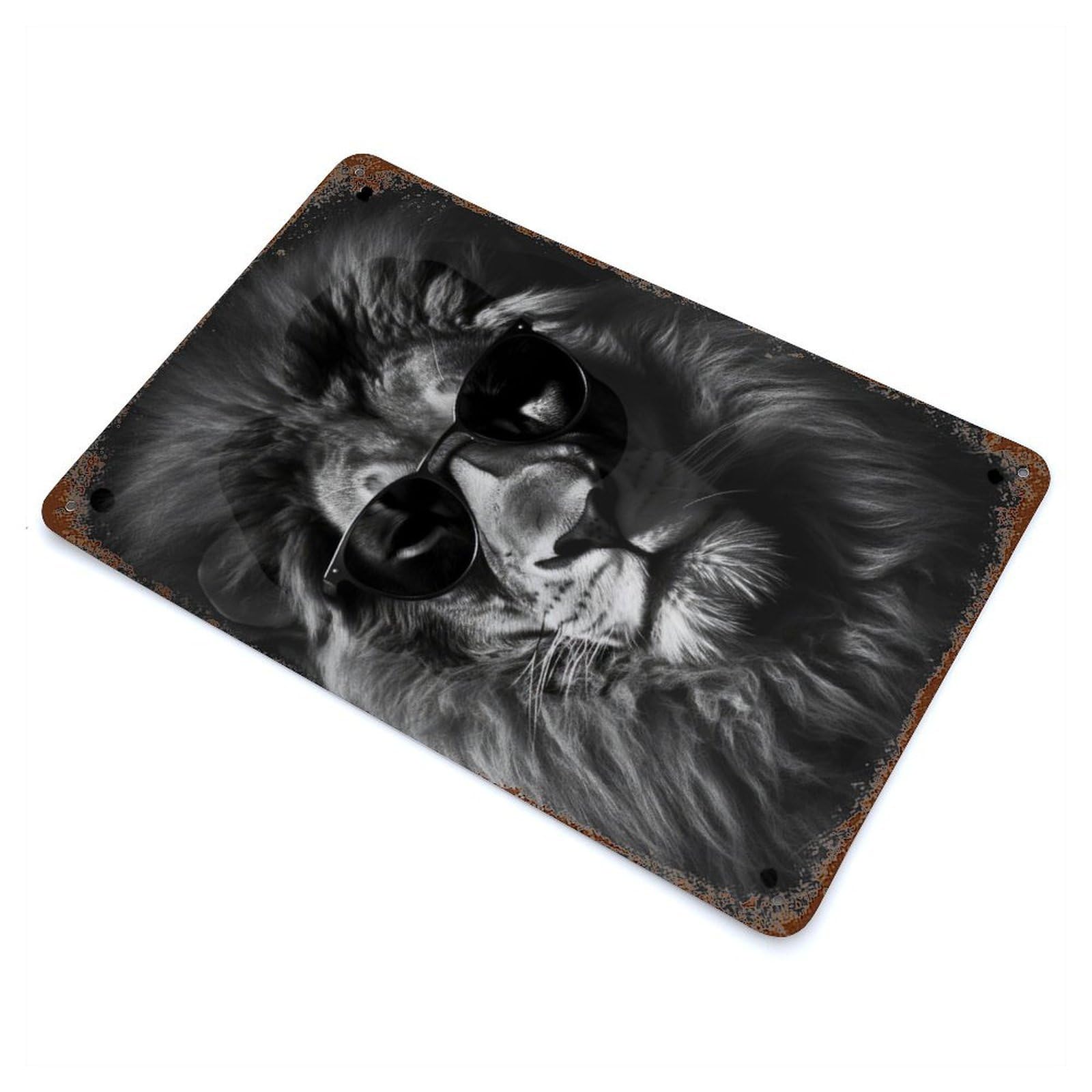 Distressed Metal Wall Sign with Lion Sunglasses Design 11.8"x7.9", for Office, Studio And Wall Decor, Industrial Home Decor