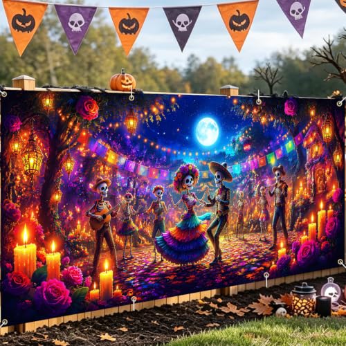 Image of Halloween Garage Door Decorations 6 x 13 ft, Skeleton Party Cover