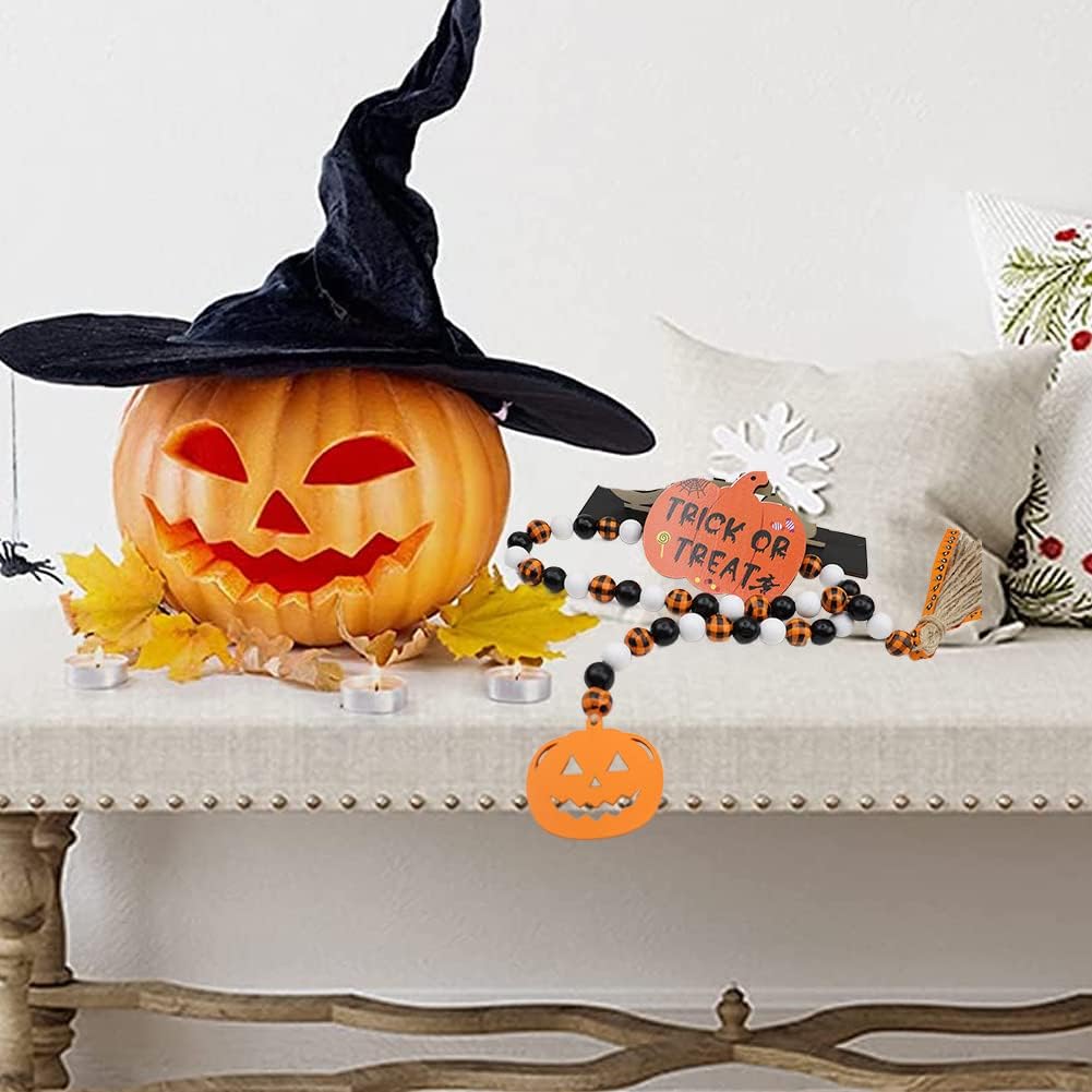 Halloween Wooden Bead Garland Rustic Farmhouse Bead Garland Beaded Tiered Tray Decor Prayer Bead Wall Hanging Decor with Witch Pumpkin, Bat Ribbon and Linen Tassels for Halloween (Pumpkin)