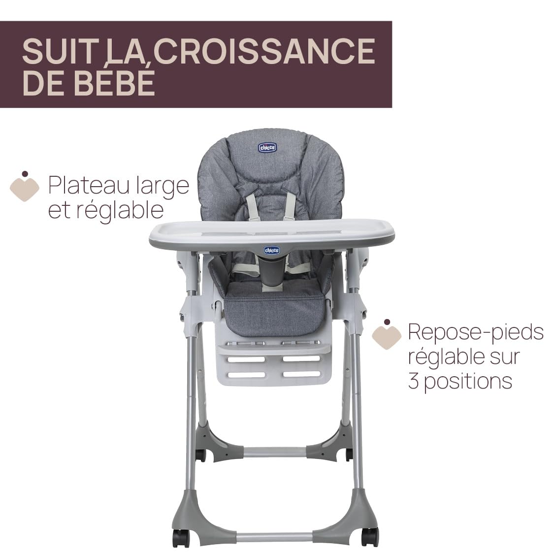 Regulowane wysokie krzesełko Polly Easy dla dzieci w wieku 6 miesięcy do 3 lat (15 kg), wysokie krzesełko z regulowaną wysokością i podnóżkami, 4 koła, składane - Grey Melange