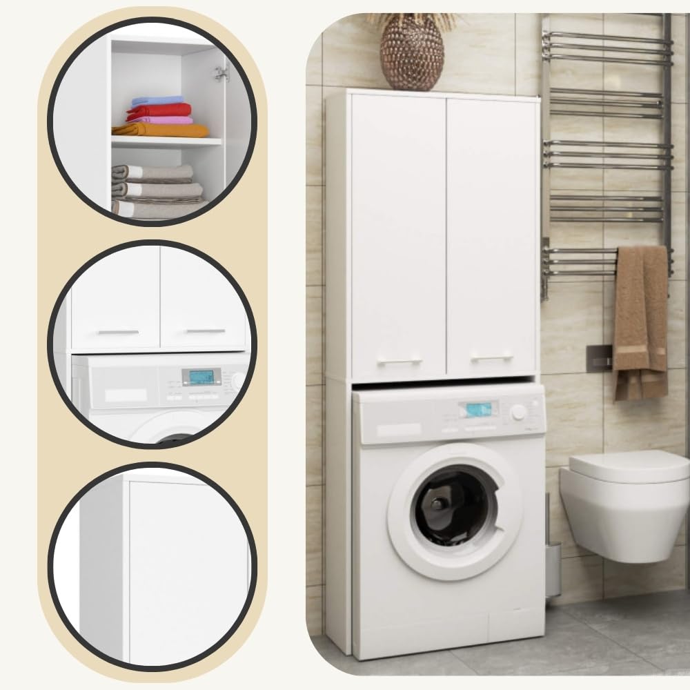 AKORD | Armadio Pensile per Lavatrice FIN 180 | Armadio di trasformazione con 2 Ante, 4 Ripiani | Archivio per bagno | Cassettiera per lavatrice | 64x180x30 cm | Bianco + Bianco Frontale