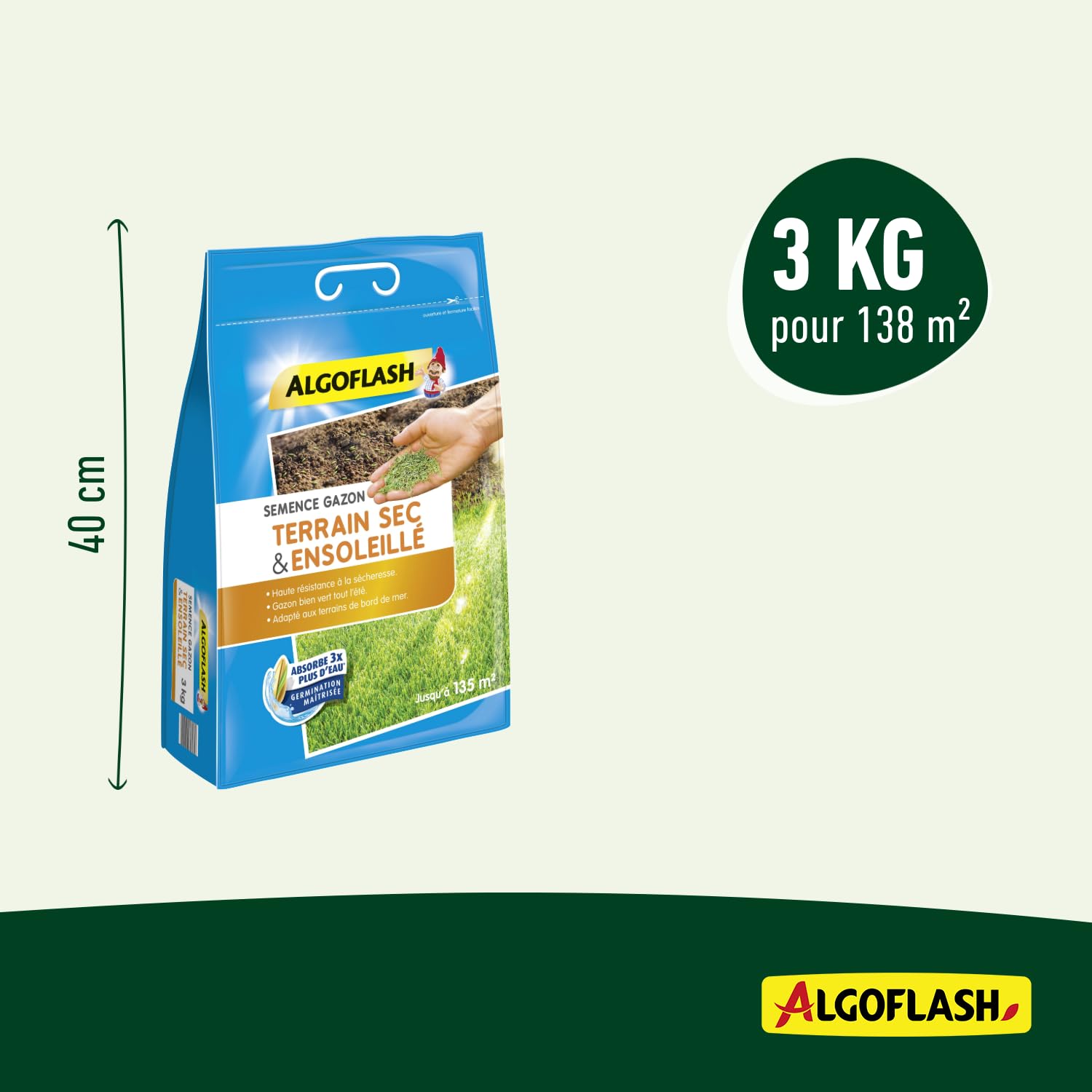 ALGOFLASH Semence Gazon Terrain Sec et Ensoleillé, 3 Kg, Jusqu'à 135 m², SEMSOL3