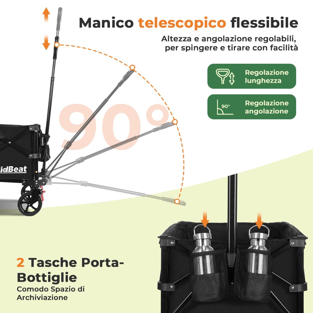 SLIDBEAT Carrello da Campeggio Portatile 120L, Carrello Spiaggia Ruote Grandi con Maniglia Regolabile, Carrello da Giardino Pieghevole Adatto a Tutti i Terreni
