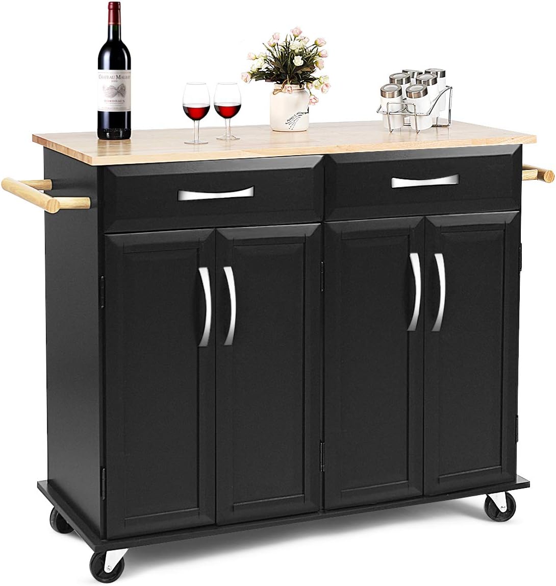 Giantex Kitchen Island Cart, Rolling Trolley Cart Utility Cabinet w/Rubber Wood Top, Large Storage Easy-Clean with Smooth Lockable Wheels Home Kitchen Carts (Black)