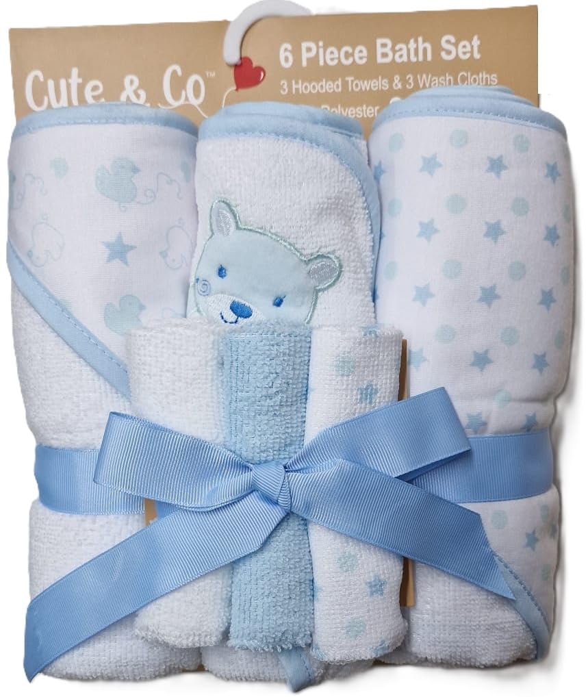 Mayra Hosiery | Baby Bath Time Flannel Gift Set | 3 Hooded Towels & 3 Wash Cloths | Super Soft 100% Polyester (Blue Cat)