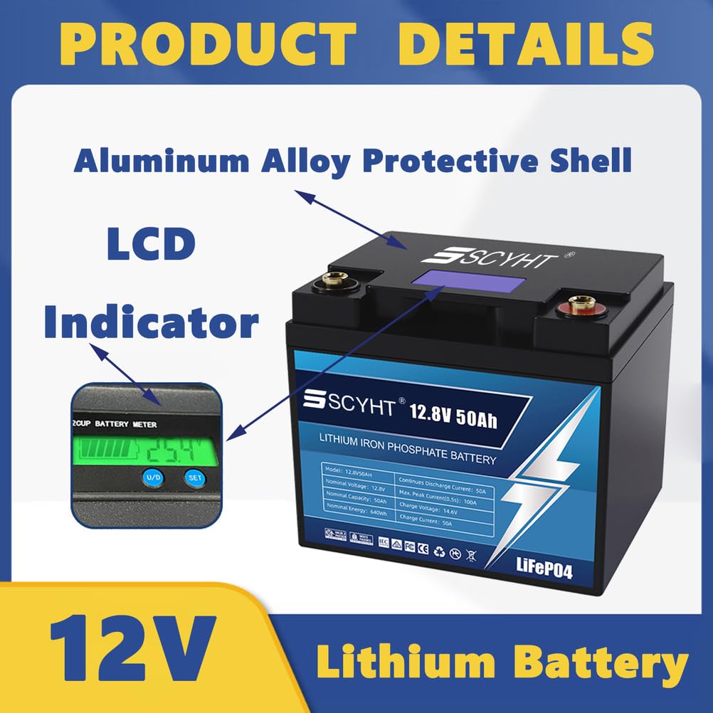 Batteria LiFePO4 12V 50Ah Batteria al litio 12V Batterie a ciclo profondo per camper, applicazioni off-grid e solari, kit motore da 50W a 640W con display LCD,12v50ah 1pack