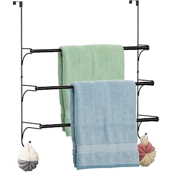 Towel Rail 3-Layer Stainless Steel Telescopic Door Wall Bath Towel Hanging No Drilling Towel Rail for Bathroom Shower Black