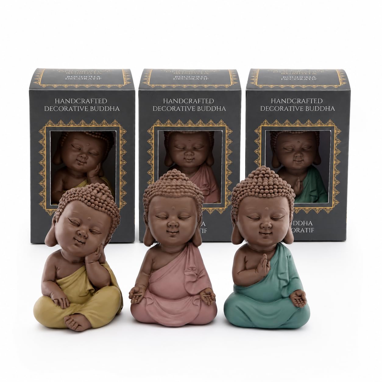 VR ANGLE 3 x Handcrafted Decorative Buddha Statue, Mini Buddha Figurines with Gift Boxes, Zen Monk Ornaments for Home Décor, Shelf, Desk, Meditation Room, Yoga Space, Living Room & Housewarming Gift
