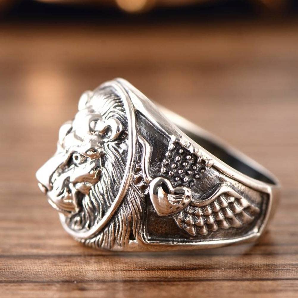 SIWAN Anillo Retro 925 Anillo de Plata Esterlina Cabeza de León Dominante Bestia Anillo Masculino1, 60mm