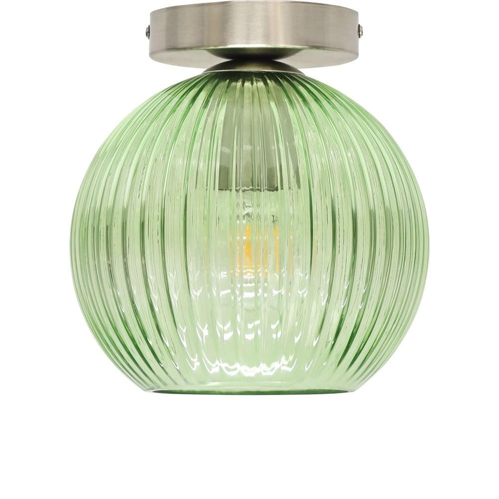Firstchoicelighting Satin Nickel & Green Green Ribbed Glass Globe Ceiling Light Flush Fitting With Satin Nickel Detail, Modern Low Ceiling Lighting