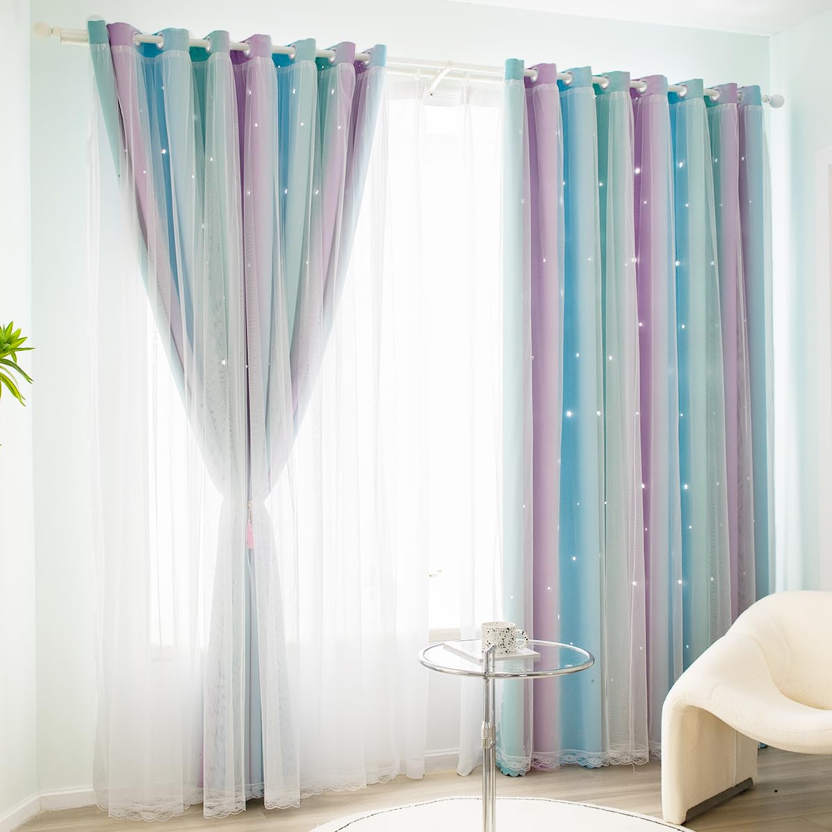 Cortinas De Oscurecimiento Con Purpurina Arcoíris Para Niñas, Estilo Kawaii Pastel, Para Dormitorio, Estilo Degradado, 30% A 50%, Cortinas Opacas Con Purpurina Rosa Y Azul (2 Paneles, 52 X 63 Pulgadas