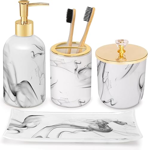 Miniatura 10 de Juego de Accesorios de Baño, 4 Piezas de Vidrio Verde Salvia, Juego Completo de Accesorios de Baño con Dispensador de Jabón y Loción, Portacepillos