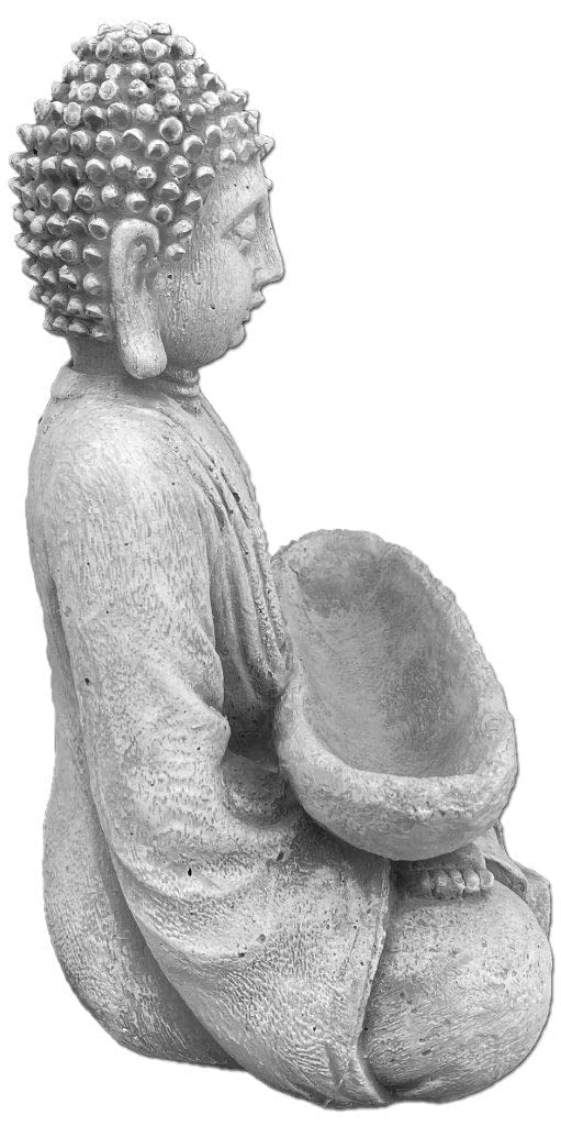gartendekoparadies.de Bouddha en pierre massive avec bol moine - Décoration de jardin - En pierre - Résistante au gel, Gris,blanc, 27 cm, (Buddha)
