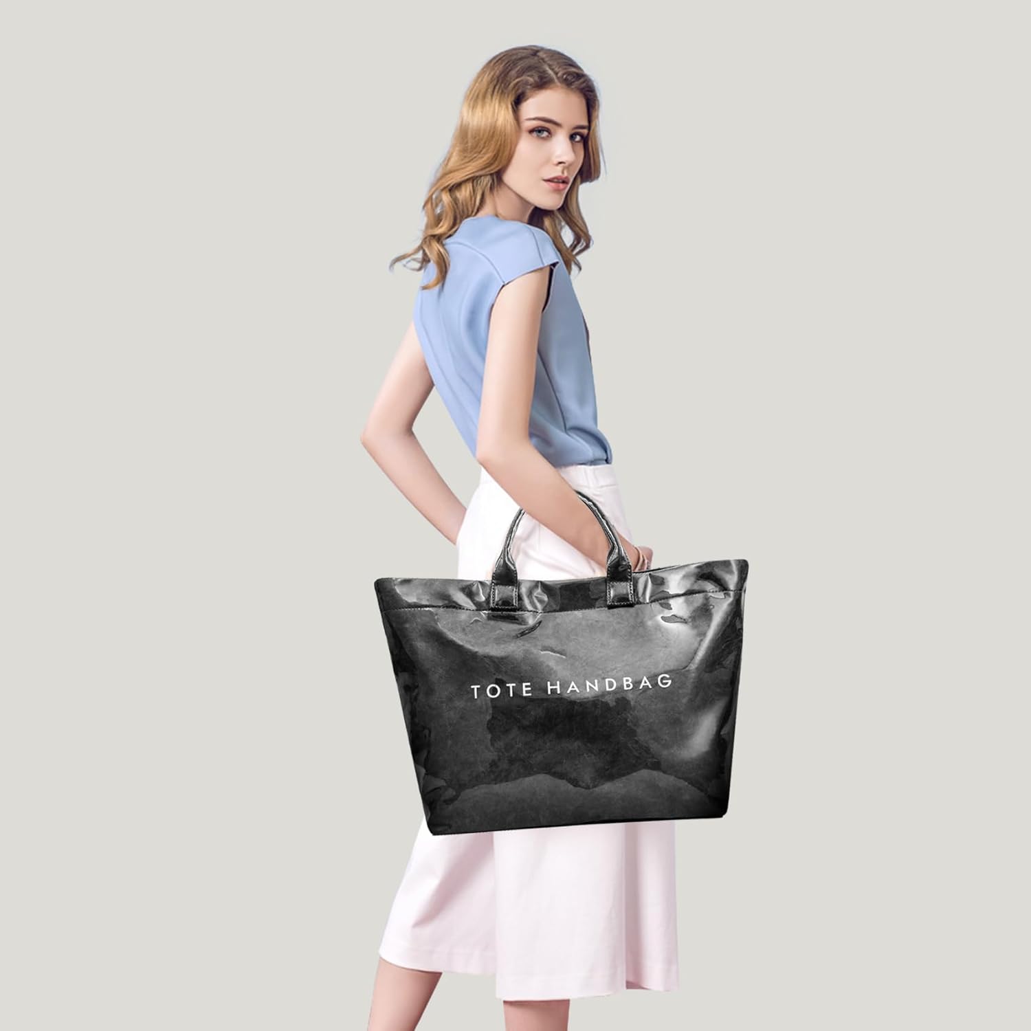 ALUSBELL Large PVC Tote Bag for Women Letters Print Tote Handbag Kraft Paper Travel Shoulder Bag Clear Carry All Hobo Handbag - Image 8