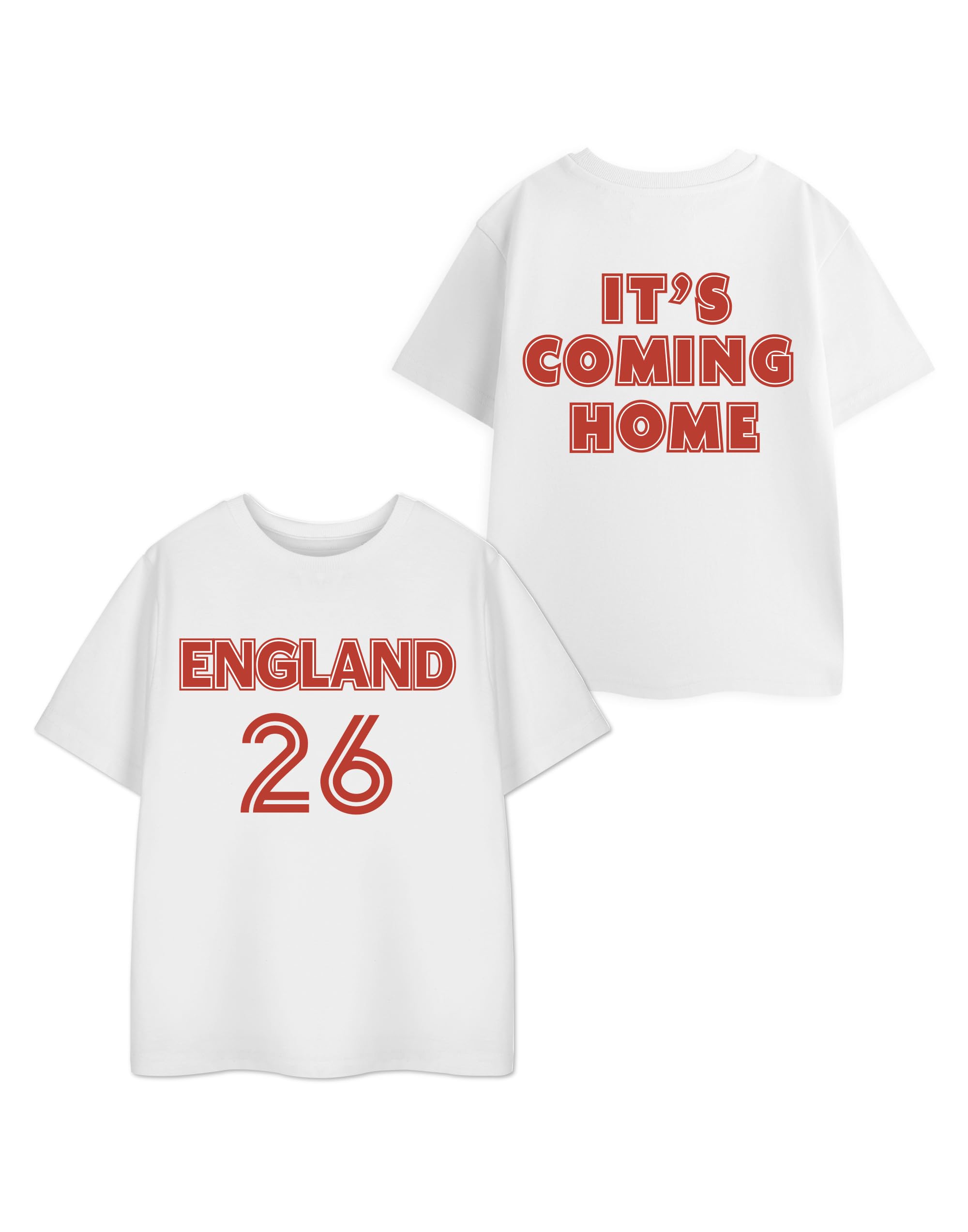 Show Me The Merch England White Graphic Tee | Kids Short Sleeve Football T-Shirt | It's Coming Home Red Text Print | Unisex Children's Sports Top | England 26 Crew Neck Tshirt - 7-8 Years