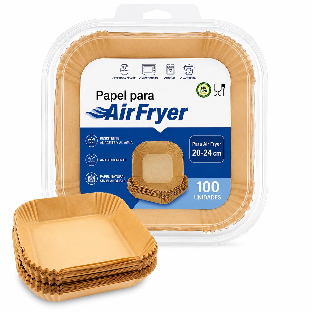 BESCH Papel para Freidora de Aire Cuadrado, 100 Unidades, Compatible con Cestas de 20-24 cm, Antiadherente, Resistente al Aceite y al Agua, Papel Horno Desechable sin BPA para Air Fryer