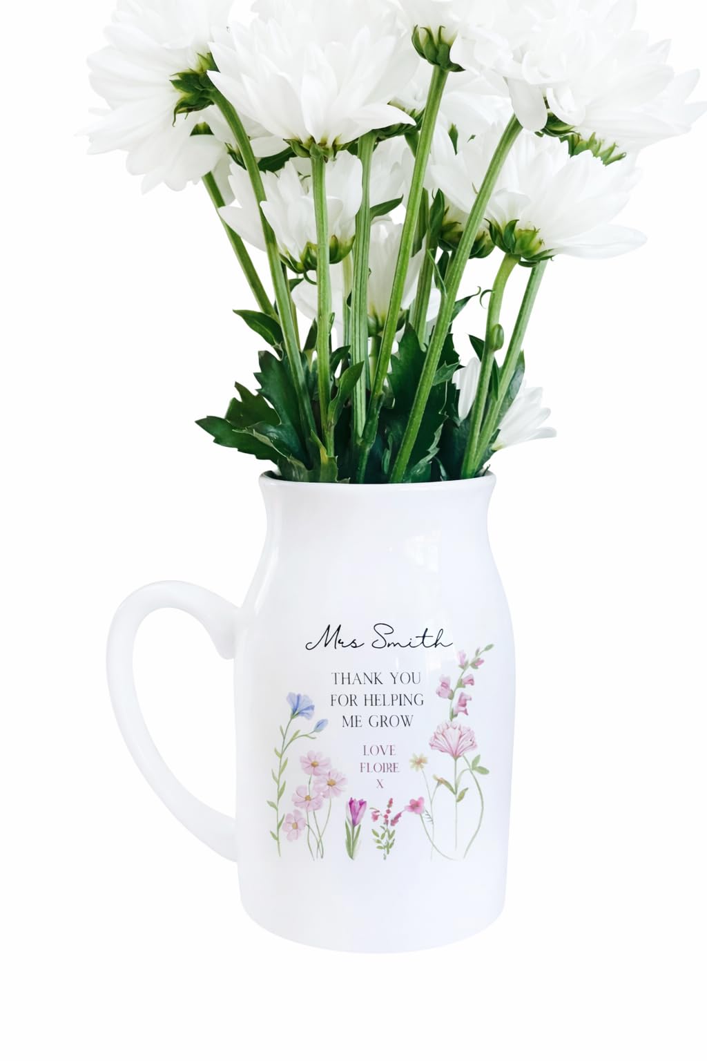 Uniquepgifts White Personalised Teacher Vase, Thank You For Helping Me Grow, Teacher Gift, Nursery Assistant, Appreciation Day Keepsake, Ta, Small Desk Vase