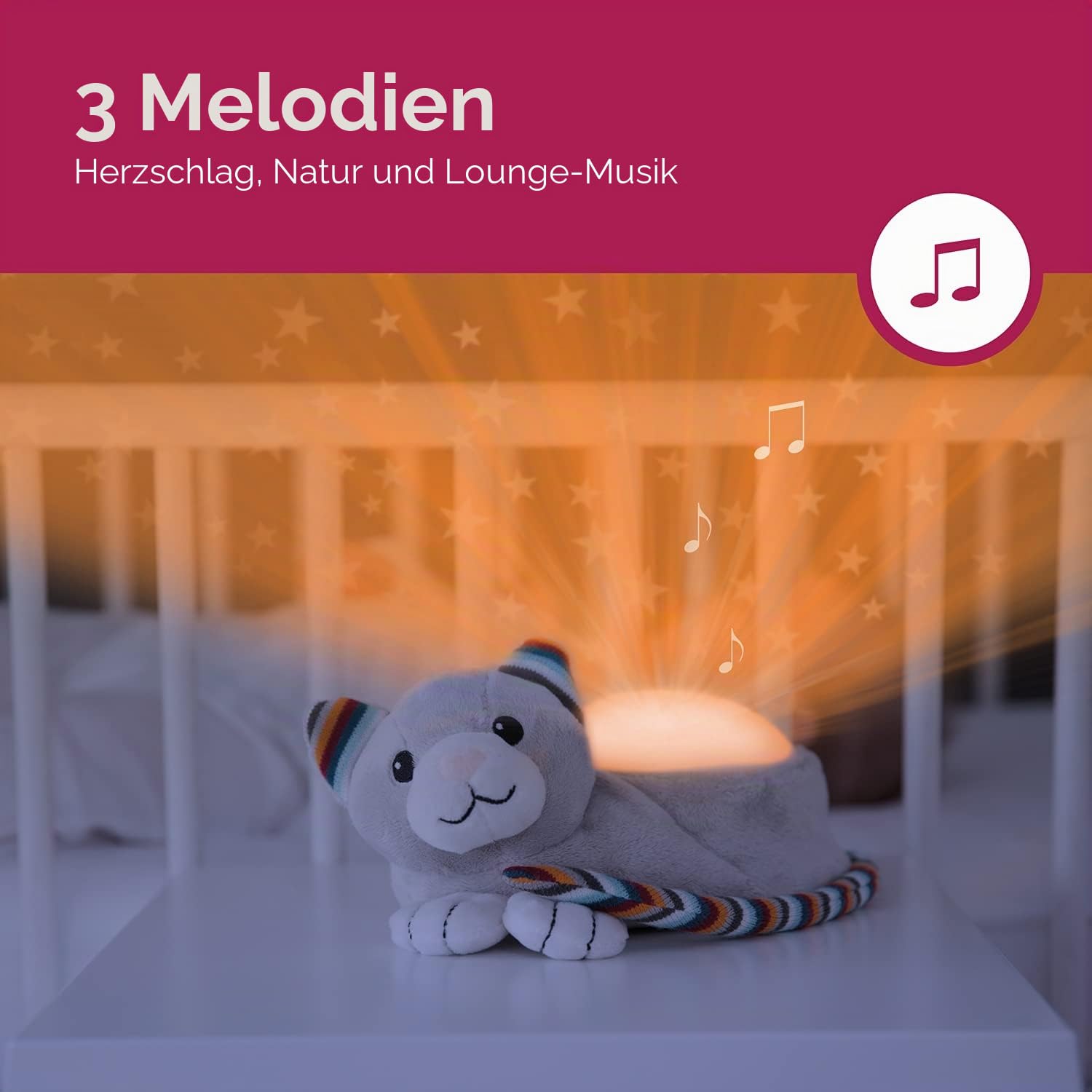 ZAZU Kiki The Kitten Projektor - Baby Lichtprojektor mit beruhigenden Melodien (Herzschlag-Sound, Naturgeräusche oder Lounge-Musik) | Schrei-Sensor | Automatische Abschaltung | waschbar